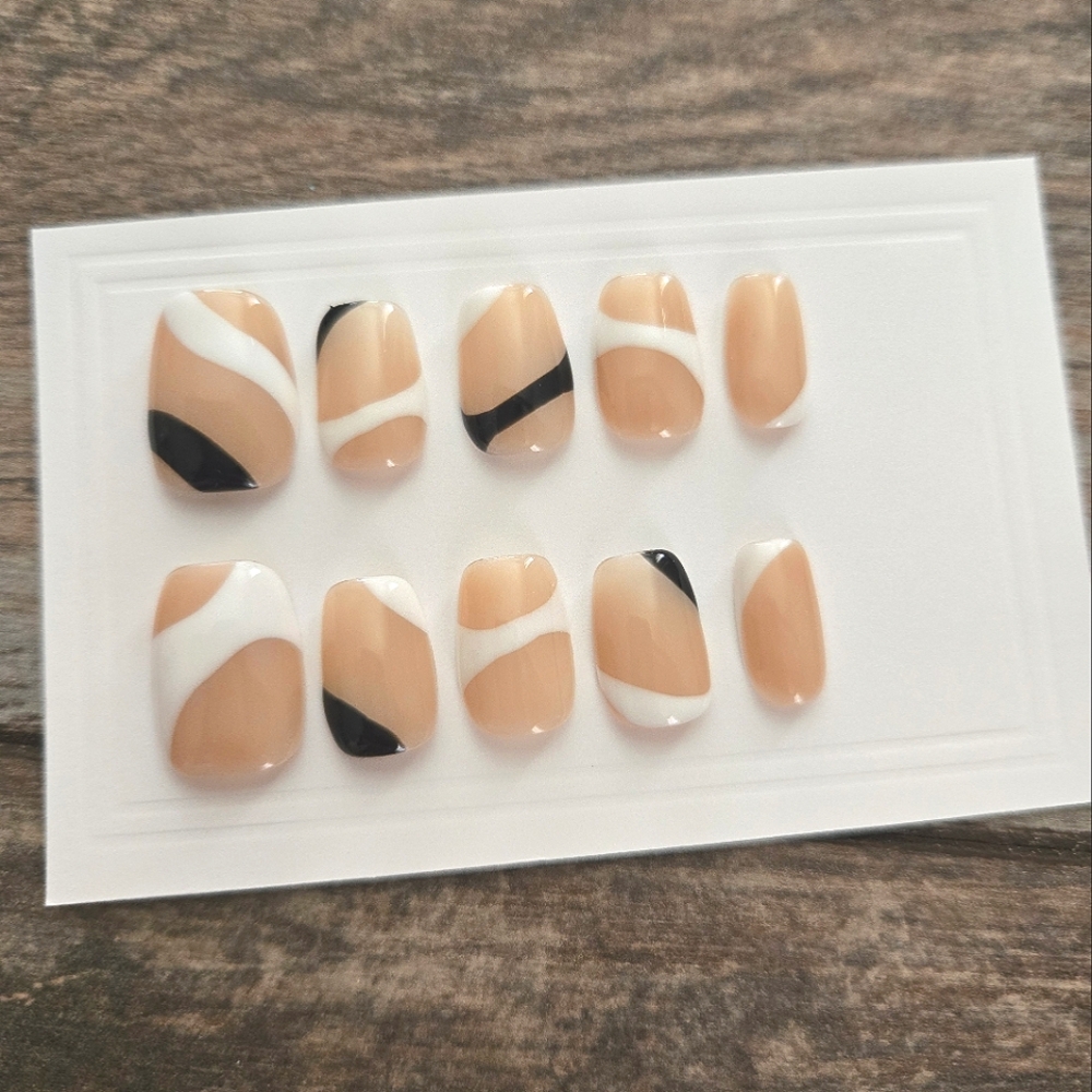 Chic Nude and Black Press-On Nails Short Square Handmade Nails Size Small
